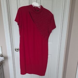 Liz Claiborne Red One-Shoulder Shift Dress with Crochet Overlay
